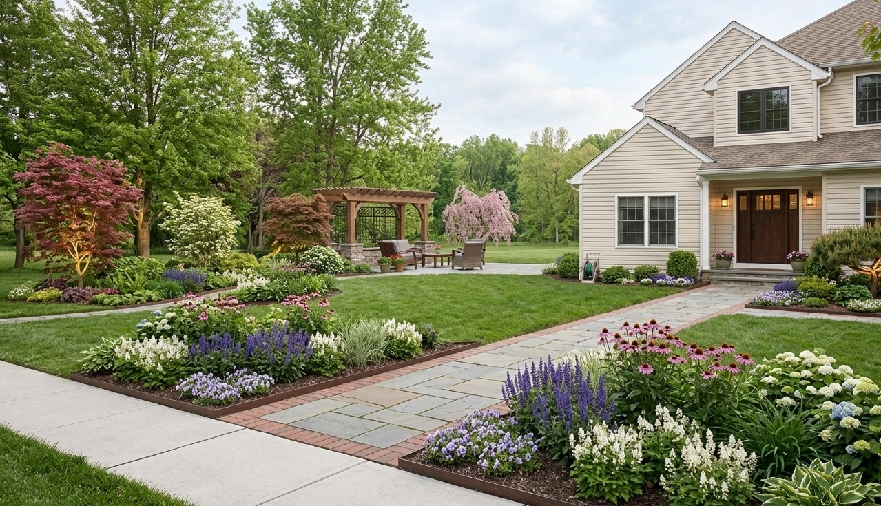 Beautiful landscaped backyard with stone path