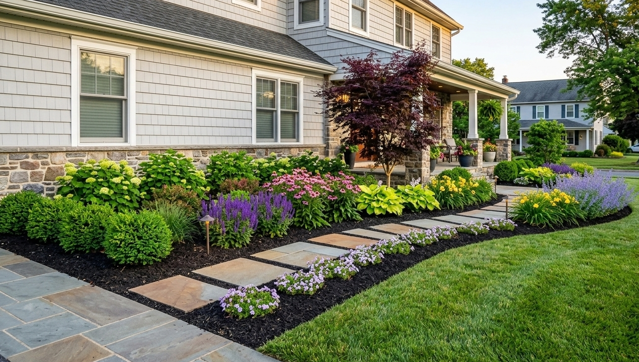 Front yard landscaping with walkway and plants