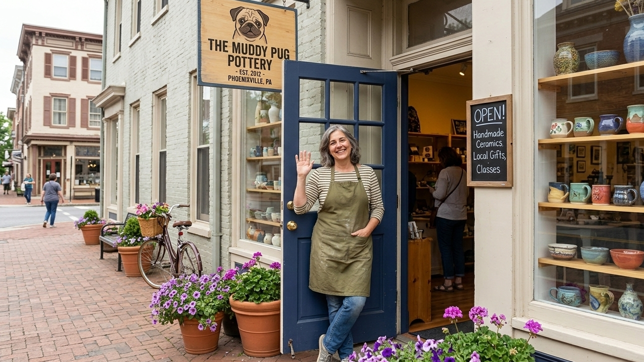 Small business owner in front of storefront