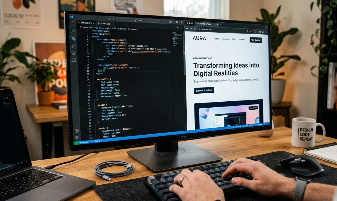 Close-up screen showing website design work