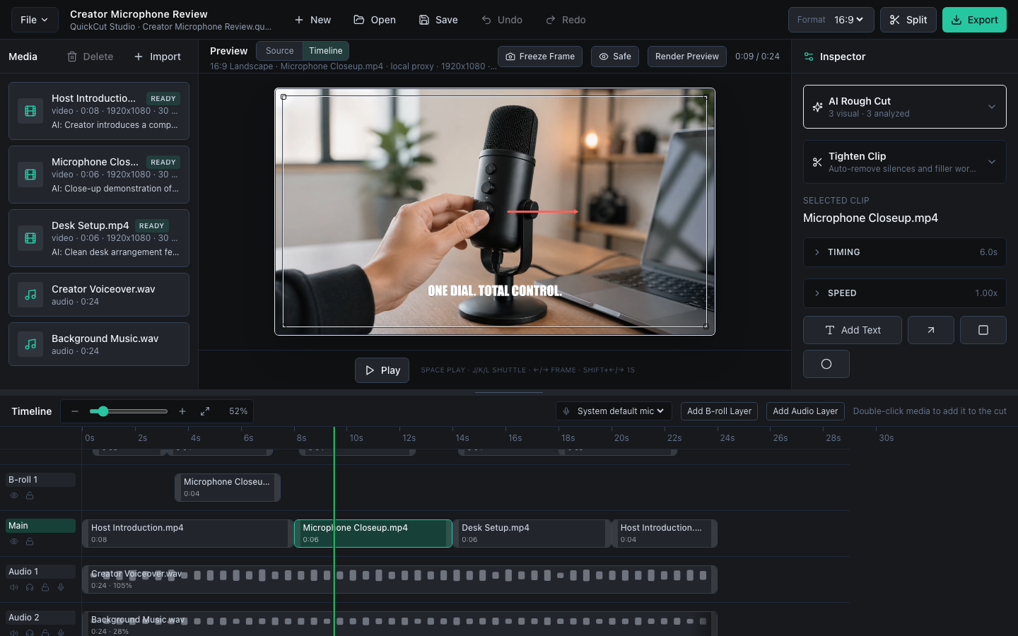 QuickCut workspace with media bin, preview, inspector, and timeline