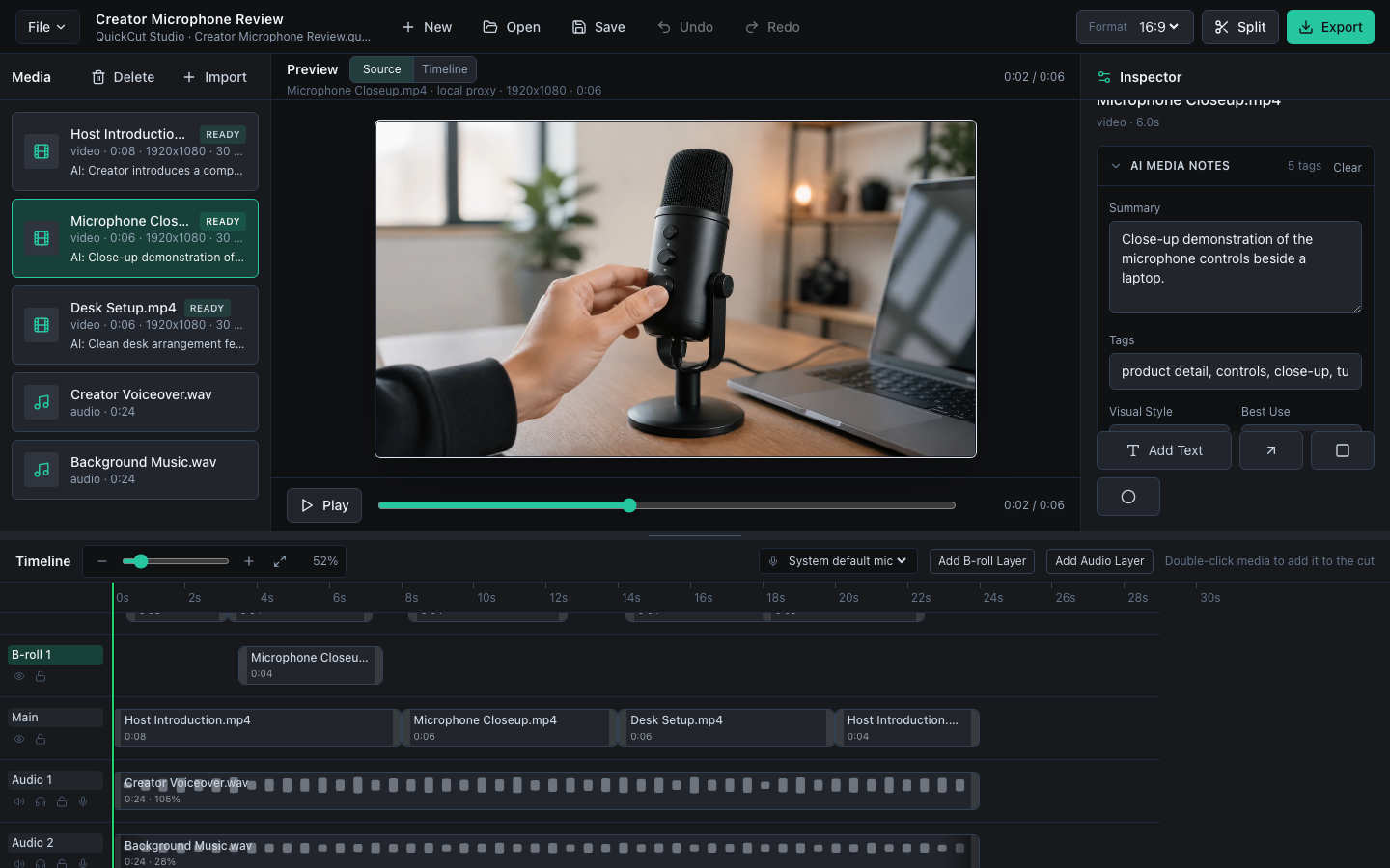 QuickCut source preview and editable AI media notes