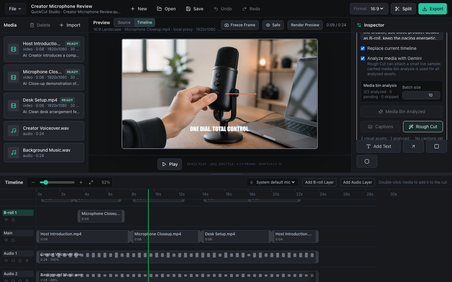 QuickCut AI tools controls