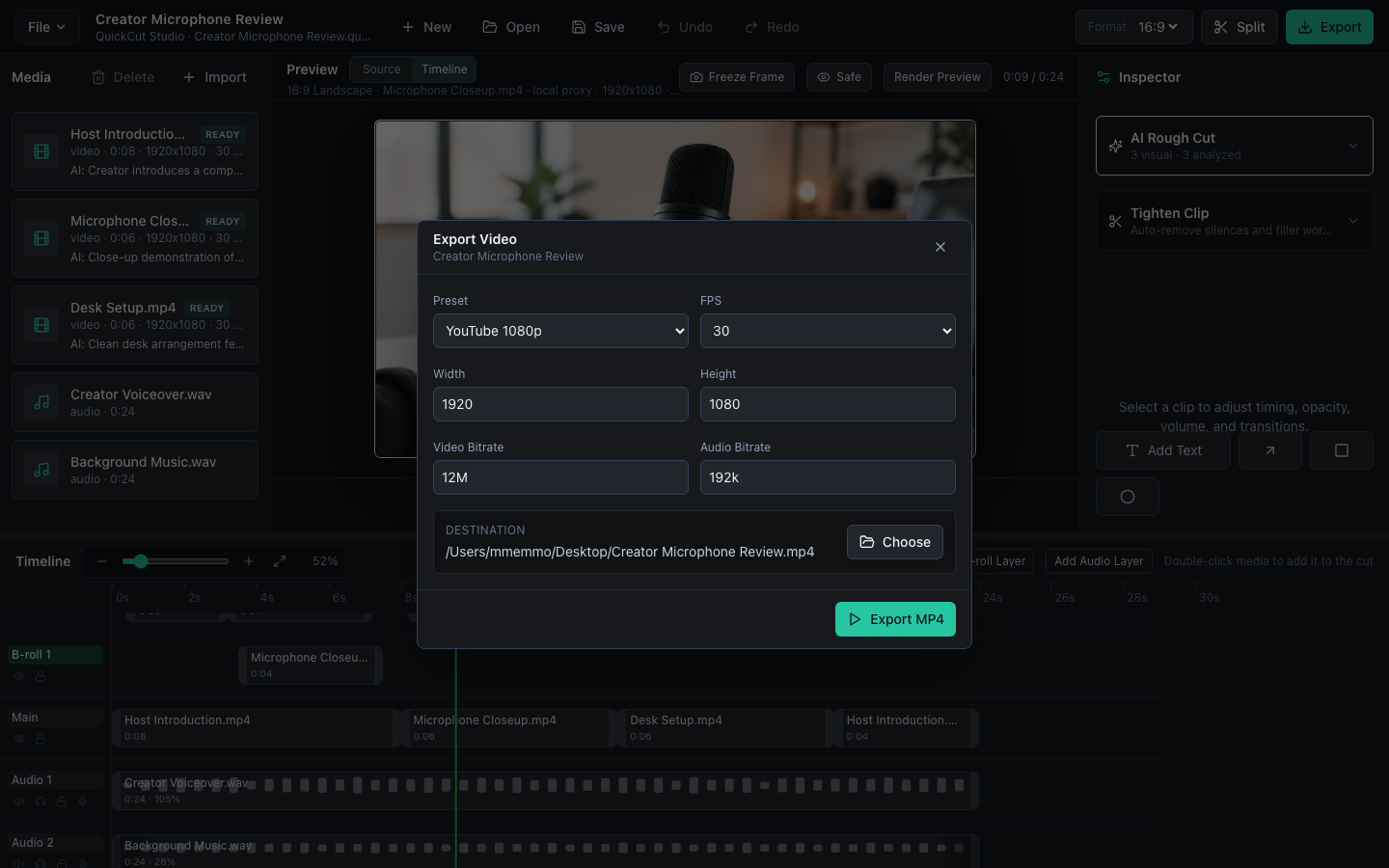 QuickCut export presets and destination controls